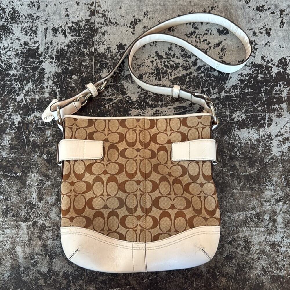 Coach White/Tan Signature Jacquard and Leather Shoulder Bag Style 3574 11x11 - Picture 2 of 6